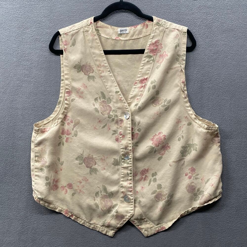 Vtg 80s 90s Cottagecore Fairycore Romantic Boho Chic Floral Vest Womens L/XL Tan